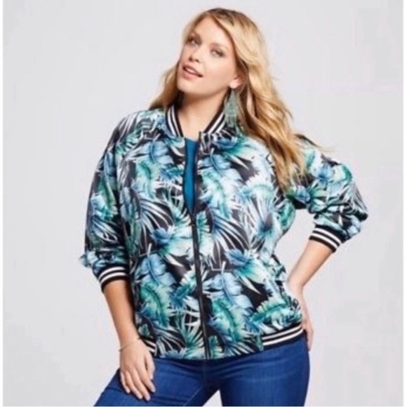 Ava & Viv Satin Green Leafy Floral Tropical palm striped neck cuff Bomber Jacket - Picture 1 of 11